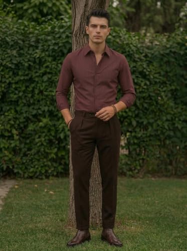 Image of Foomer Maroon Solid Self Design Opaque Party Men's Shirt