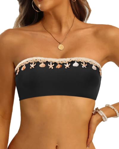 Image of Women Bandeau Bikini Top Only Strapless Swim Top Tube Swimsuit | Removable Straps,Removable Soft Cups,Adjustable Straps,Full Lining,Stretch Fabric