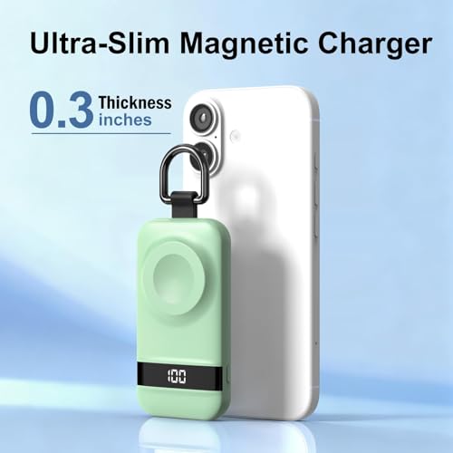 Image of Portable Charger for Apple Watch, 2500mAh & Digital Display - Magnetic Fast Charging iWatch Charger for Travel & Keychain Use - Works with Apple Watch Series (Mint Green)