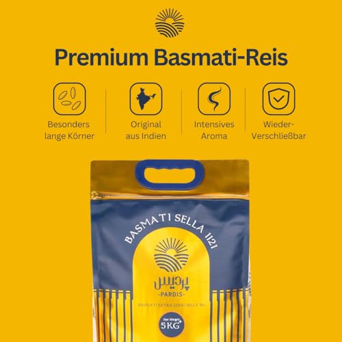 Pardis Basmati Reis 5 kg – wiederverschließbarer Beutel – Premium Extra Langkorn aus Indien – aromatisch, locker, duftend – vegan & glutenfrei
