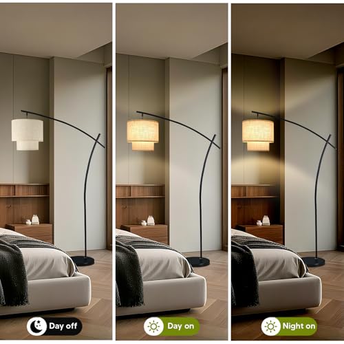 Image of Lightdot Arc Floor Lamp for Living Room, Modern Standing Tall Lamps with Double Linen Shade, Tall Hanging Pole Lamp with Stable Base & Bulb Included for Bedroom /Sofa Beside /Corner Decor-Black