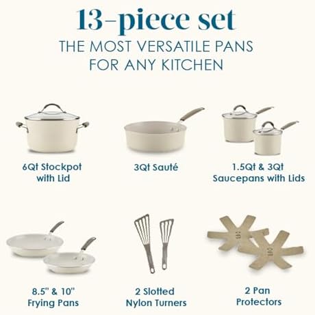 Rachael Ray Cucina Ceramic Cookware Set - 13 Pieces - Ceramic Pots and Pans Set w/Nonstick Frying Pans, Saute Pan, Saucepans, Stockpot, Lids, Pan Protectors & Cooking Utensils - Almond - Thumbnail 3