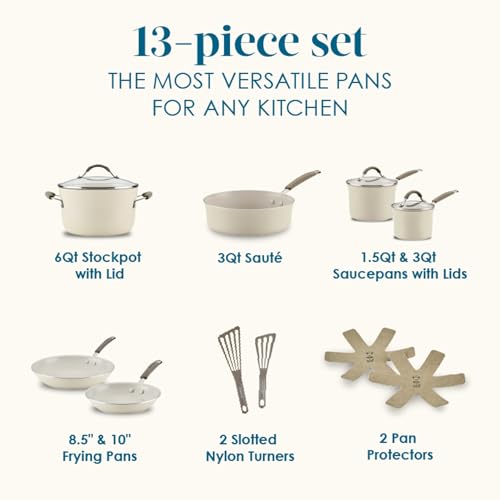 Rachael Ray Cucina Ceramic Cookware Set - 13 Pieces - Ceramic Pots and Pans Set w/Nonstick Frying Pans, Saute Pan, Saucepans, Stockpot, Lids, Pan Protectors & Cooking Utensils - Almond by Rachael Ray - Image 2