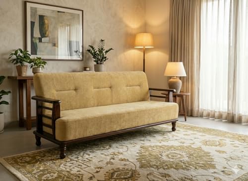 DaneWood 3 Seater Sofa Set for Living Room, Drawing Room & Office Lounge | Capacity - Three Seater, Sheesham Wood, Provincial Finish, Brown,Beige