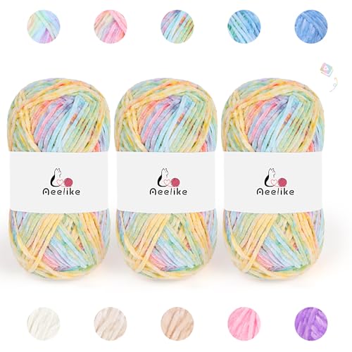 Image of 3 Pack Chenille Yarn w How to See Stitchs Tutorial Video, Mixed Color Velvet Yarn (Rainbow) 100g 197yds 4 Medium (Worsted) Easy Crochet Yarns for Beginners, Ideal Crochet Gift for DIY Craft