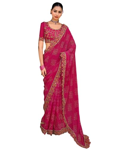 Image of SIRIL Women's Bandhani Printed Georgette Sequence Lace Scalloped Border Saree with Unstitched Blouse Piece