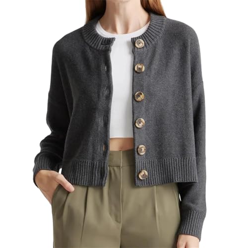 Women’s Basic Button Down Cardigan Casual Crew Neck Long Sleeve Knit Crop Sweater Loose Fit Solid Color Autumn Outwear
