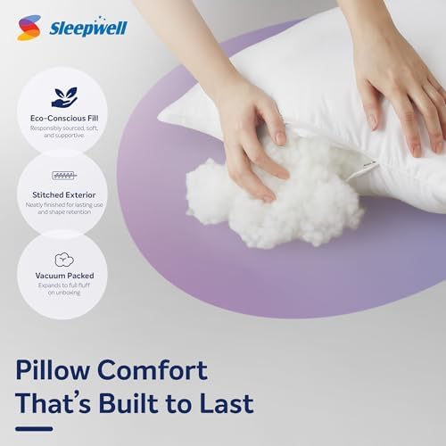 Image of Sleepwell Umang Pillow | Medium Soft & Odour-Free | Recycled Conjugate Fiber Fill | Breathable Polyester Cover | 27 x 17 Inches | Pack of 2
