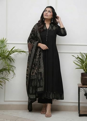 Image of GoSriKi Women's Rayon Viscose Anarkali Printed Kurta Pant with Dupatta | Anarkali Kurta Set for Women | Flared Kurti Pant Set | Ethnic Printed Suit for Women