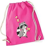Turnbeutel für Kinder | Motiv Waschbär Willy mit Schmetterlingen | Schuhbeutel Sporttasche Jutesack zum Zuziehen für Mädchen & Jungen | Stoffbeutel mit Kordel für Schule, Kindergarten, Freizeit (pink)