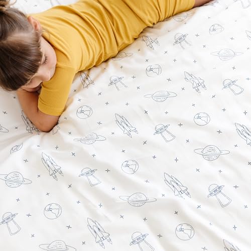 Makemake Organics GOTS Certified Organic Cotton Fitted Crib Sheet Soft Breathable (28\"x52\", Astronaut Blue) - Thumbnail 2