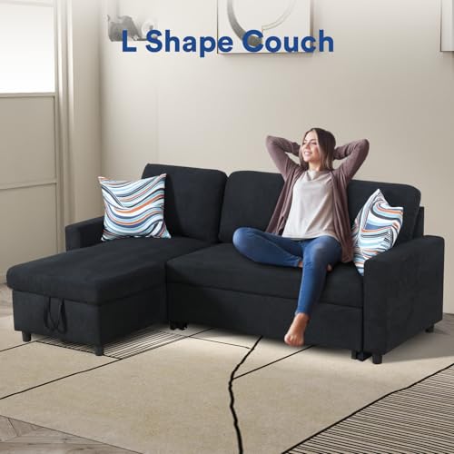 Image of Rovibek 83 inch Convertible Sofa Bed Couch with Storage - 4 in 1 L Shaped Sofa with Pull Out Couch Bed for Living Room, Apartment, Office, Small Spaces, Black