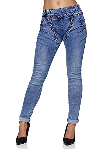 Elara Damen Jeans Boyfriend Baggy Knopfleiste Chunkyrayan C613MK Blau 40...
