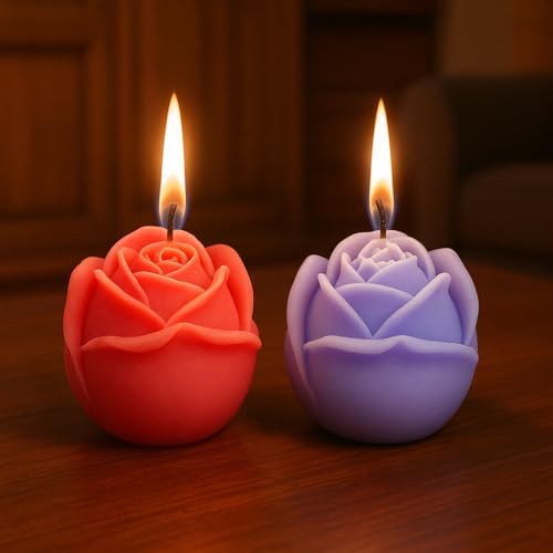 Image of Scented Rose Candle Combo Pack - 2 Rose-Shaped Candles + Hanging Car Diffuser | Decorative Aromatic Candles for Home, Car & Gifting | 4 Hour Burn | Pink & Purple