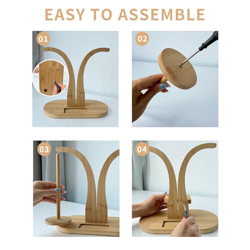 Image of Magnetic Wooden Yarn Holder for Crocheting & Knitting - Smooth Rotating Yarn Spinner with Double Spindles, Tangle-Free Thread Dispenser, Ideal Gift for Knitters & Weavers (Natural)