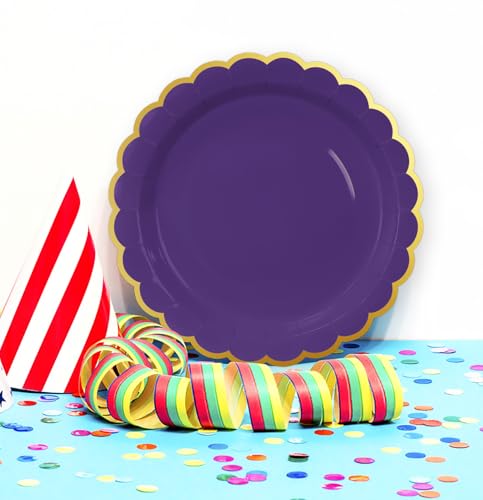 Image of HEIPINIUYE 50 Pieces Purple Paper Plates with Gold Foil 9 Inch Disposable Purple Scalloped Dinner Plates for Wedding Baby Shower Birthday Party Dessert Plate