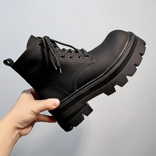 Men's Black Leather Platform Lace-Up Ankle Boots Fashion Round Toe Side Zipper High Top Boots Comfort Non Slip Streetwear Booties3