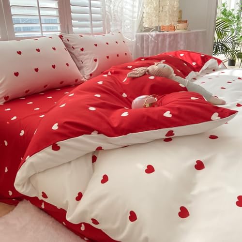 Freyamy Housse de Couette 220x240cm+2 Taie d'oreiller 65x65cm Coeur Imprimé Blanc Rouge Parure de lit 2 Personnes Adulte Motif du Cœur Sets de Housse Couette...