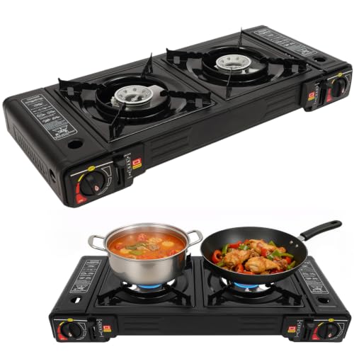 Fornello a gas da campeggio 2 in 1, 2 fuochi 2x2500W, accensione piezoelettrica automatica e valigia per il trasporto – Fornello a gas portatile per butano/GPL, ideale per campeggio