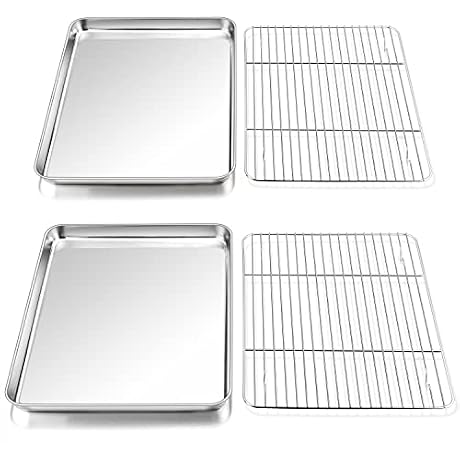 P&P CHEF 16 Inch Stainless Steel Baking Sheet with Rack Set (2 Pans+ 2 Racks), Cookie Sheets Baking Trays and Cooling Wire Racks, Oven & Dishwasher Safe, Pans with Flat Racks