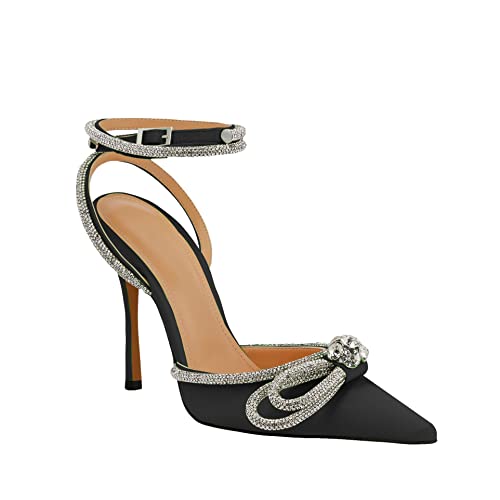 JANSEVEN Rhinestone Bow Heels Black Satin Bowknot Heeled Sandals For Women Ankle Strap Pumps Knotted Sparkling High Heels Closed Pointed Toe 3 In Wedding Bridal Shoes