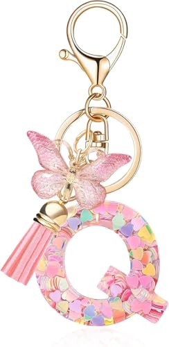 Image of GEOCARTER Lightweight Fashion Initial Letter Key Ring with Butterfly Pendant & Tassel, Stylish Purse Charm for Handbags, Car Keys, Gifts for Girls & Women
