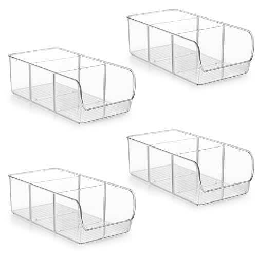 Winter Shore Caja Transparente de Plástico para Frigorífico y Despensa con Separadores (Pack de 4) - Cubo Almacenaje Cocina y Contenedores para Aperitivos - Organizador Nevera para Comida y Bebida