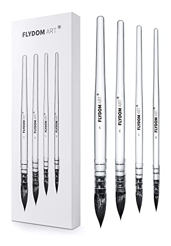 FLYDOM ART Watercolor Brushes Set,Nylon Hair Mixed Squirrel Hair, Round Mop, Paint Brush for Watercolor, Acrylic, Gouache Painting, 4 Pcs Set