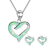 Ladies Shining Heart Jewellery Set For Women - Necklace Pendant & Matching Earrings - Girls Opal Glitter Enamel & Silver Plated Cute Charms - with Gift Box (green)