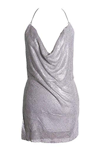 Arsimus Sexy Rhinestone Drape Backless Mesh Bodycon Club Dress Halter (Iridescent Silver)