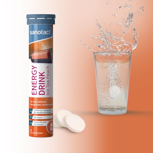 sanotact Energy Drink Brausetabletten Eistee Pfirsich (20 Stück) – Taurin + Koffein + B-Vitamine – Zuckerfrei & Kalorienfrei – Für Energie, Ausdauer & Fokus – Vegan & Laktosefrei