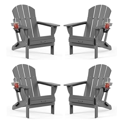 MUCHENGHY Folding Adirondack Chairs HDPE Weather Resistant 4 Pack, Patio Firepit Chairs, Sturdy Outside Chairs, Lawn Chairs, 15min Assembly 380lb Grey