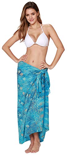 INGEAR Beach Long Batik Sarong Womens Swimsuit Wrap Cover Up Pareo with Coconut Shell Included (Blue Leaf)2
