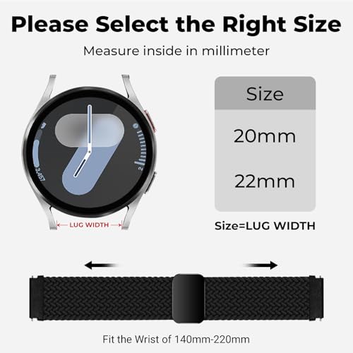 AidorMax Nylon Watch Strap 22 mm with Adjustable Magnetic Clasp for Men and Women, Comfortable Fit, Elastic Replacement Strap for Smartwatches and Watches (Black)