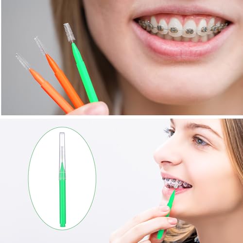 Image of Patelai 100 Pieces Braces Dental Brush for Cleaner Interdental Toothpick Dental Tooth Flossing Head Oral Hygiene Flosser Toothpick Cleaners Tooth Tool(Green,Orange,Mixed Size)