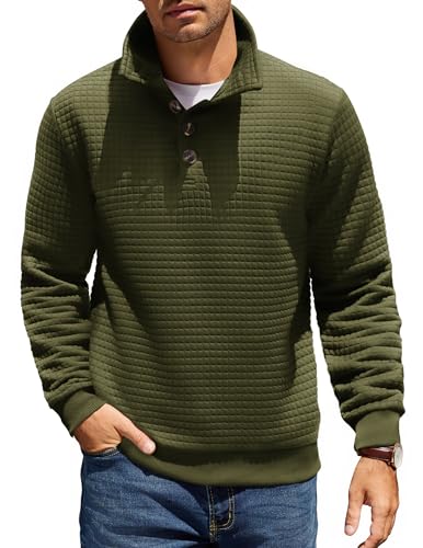 COOFANDY Mens Quarter Pullover Quilted Sweatshirt Casual Knit Long Sleeve Mock Neck Sweater Waffle Collared Pullover