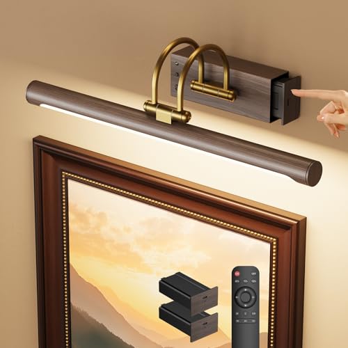 Picture Light 15.7 Wireless Battery Operated Rechargeable LED Wall Light with Remote Dimmable Art Light with Timer Adjustable Design Wood Grain and Gold Finish for Frames Paintings and Bedroom Decor