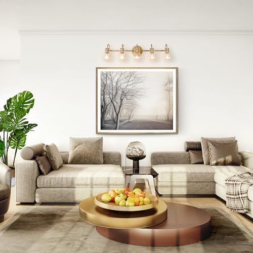 Image of KSANA Bathroom Vanity Light, 5-Light Large Gold Wall Light Fixtures, Modern Vanity Lights Over Mirror with Globe Clear Glass Shades