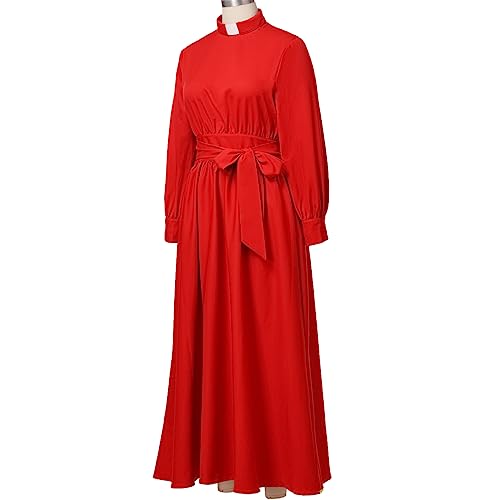 Image of CAMDOM Church Clergy Dress for Women Long Sleeve A Line Elegant Maxi Dress with Tab Insert Stand Collar and BeltA