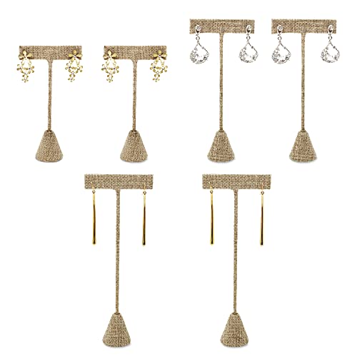 Ikee Design 6Pcs Set Linen Earring T Stand Display Set, Jewelry Display Stand for Showroom and Tradeshow Showcase Displays, Burlap Linen, 4 1/2" H; 5 3/4" H; 6 3/4" H
