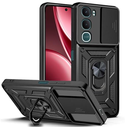Image of Luxe Back Cover Compatible for Vivo Y31 | D10 Tough Armor Case | Sliding Camera Shield | 360 Protection | Kickstand Ring Holder | Military-Grade Bumper Case - Black
