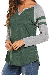 Locryz Womens V Neck Baseball Tee Color Block Stripes Blouse Casual Workout Shirt