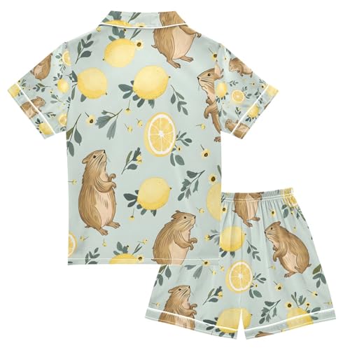 senya Cute Capybara Lemon Satin Summer Pajama Sets Silk Short Sleeve Button Down Sleepwear2