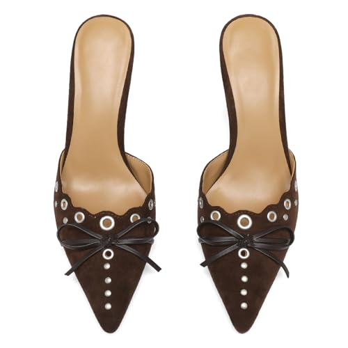 Studded Heeled Mules for Women Suede Slip On Bow Tie Pumps Shoes Backless Stiletto Heels Pointed Toe Dress Slide Sandals4