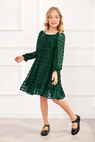 Hopeac Little Girls Green Dress Fall Swiss Dot Long Lantern Sleeve Frock Casual Holiday Chiffon Elastic Pleated Skater Dresses #TOP2