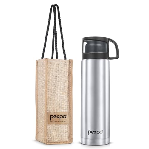 Pexpo Fererro |ISI Certified|Vacuum Insulated Hot & Cold Stainless Steel Flask|Jute Bag 1000ml | 33 oz Silver |Steel Bottle|Leak Proof|Travelling