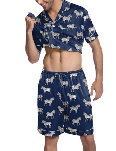 Image of Ekouaer Mens Satin Pajamas Set Button-Down Short Sleeve Shirt Top Soft Silk Sleepwear Shorts with Pockets