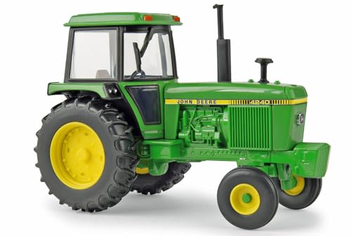 TOMY Tractor John Deere 4240 a escala 1:32 - Vehículo agrícola fundido a presión con transmisión de 2 ruedas motrices - Eje delantero orientable, peso delantero e interior de cabina detallado