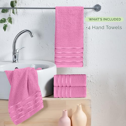 Image of Elegant Comfort 100% Turkish Cotton 4 Lines Viscose Stripe Luxury 4 Pack Hand Towel Set - Ultra Absorbent and Soft 16 x 28 Inch Premium Hotel Spa Quality Towels for Everyday Bath Use, Light Pink