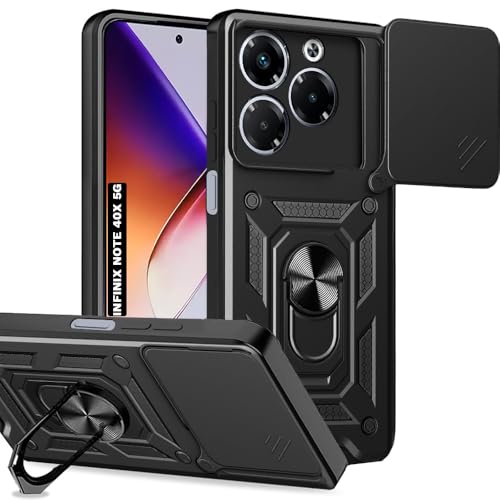 Image of AESTMO Tough Armor Infinix Note 40X 5G Bumper Back Case Cover | Ring Holder & Sliding Camera Shield Cover | 360 Degree Protection Back Case Cover for Infinix Note 40X 5G (Black)